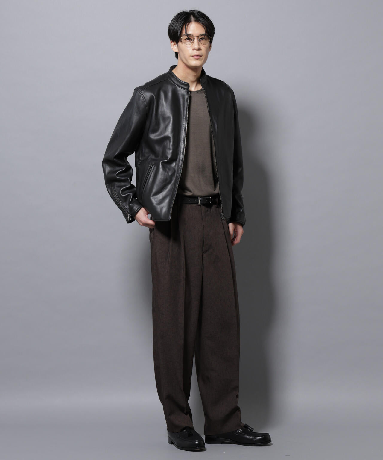 バンドカラーレザーシングルライダースジャケット