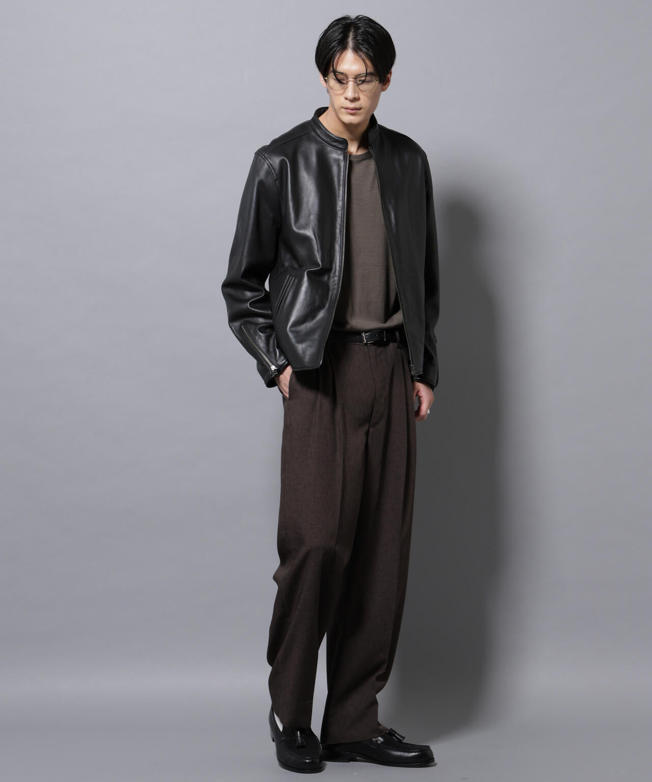 バンドカラーレザーシングルライダースジャケット